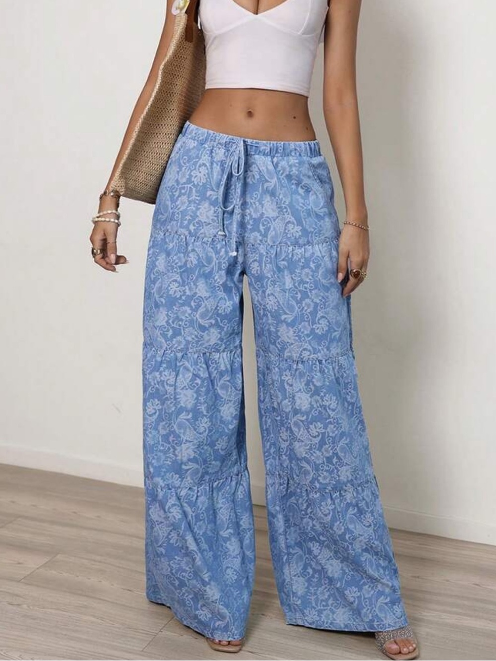 Light Blue Floral Denim Tiered Wide-Leg Palazzo Lounge Pants